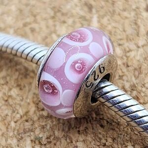 3/$30 🖤 PINK SPOTS FLOWERS MURANO 925 STERLING SILVER CHARM BEAD FOR PANDORA